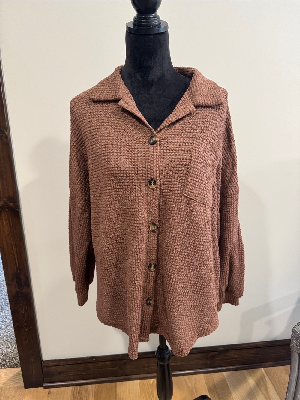 Women's Waffle-Knit Button Front Sweater - Rust